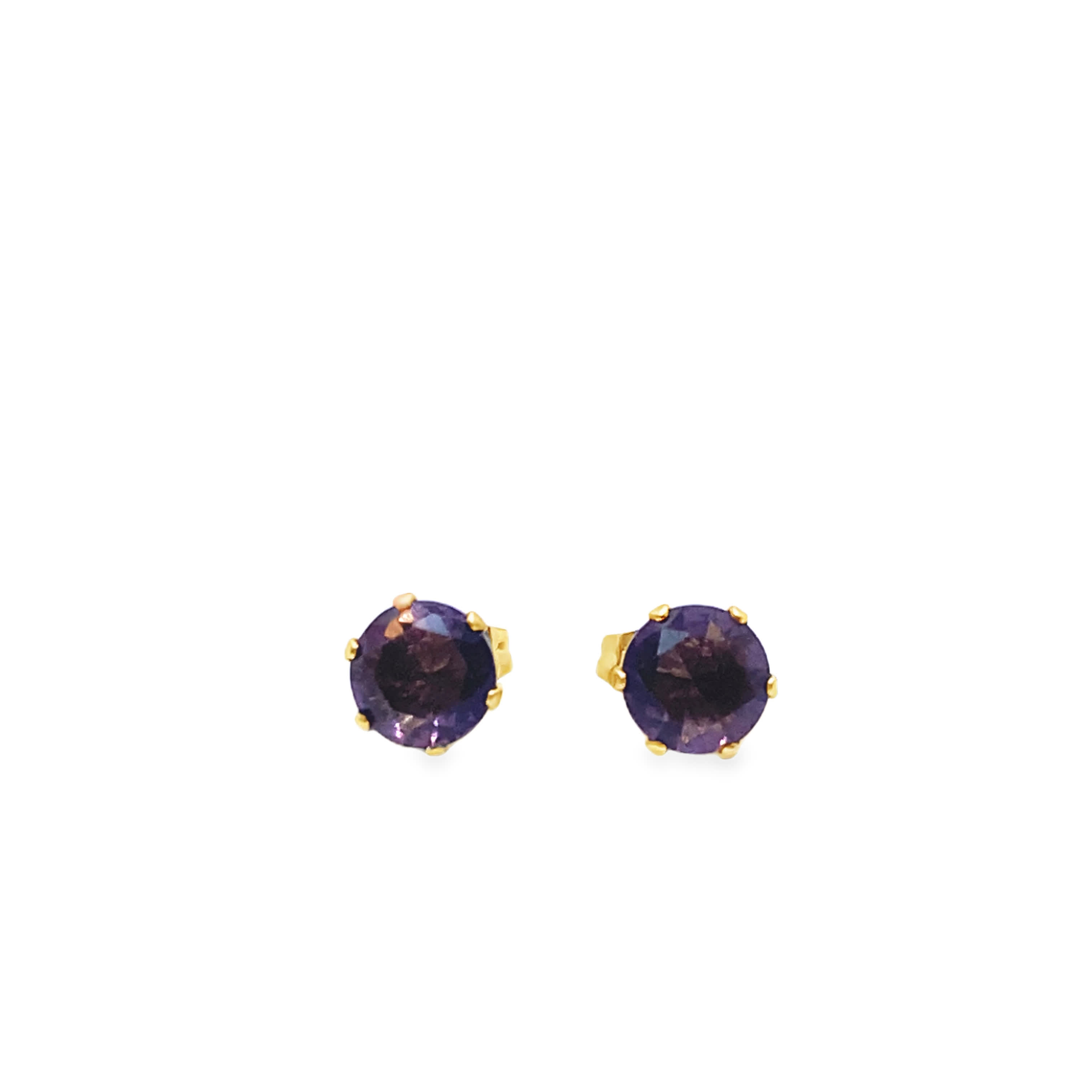 Yellow Gold Stud Earrings with Round Brilliant Amethyst