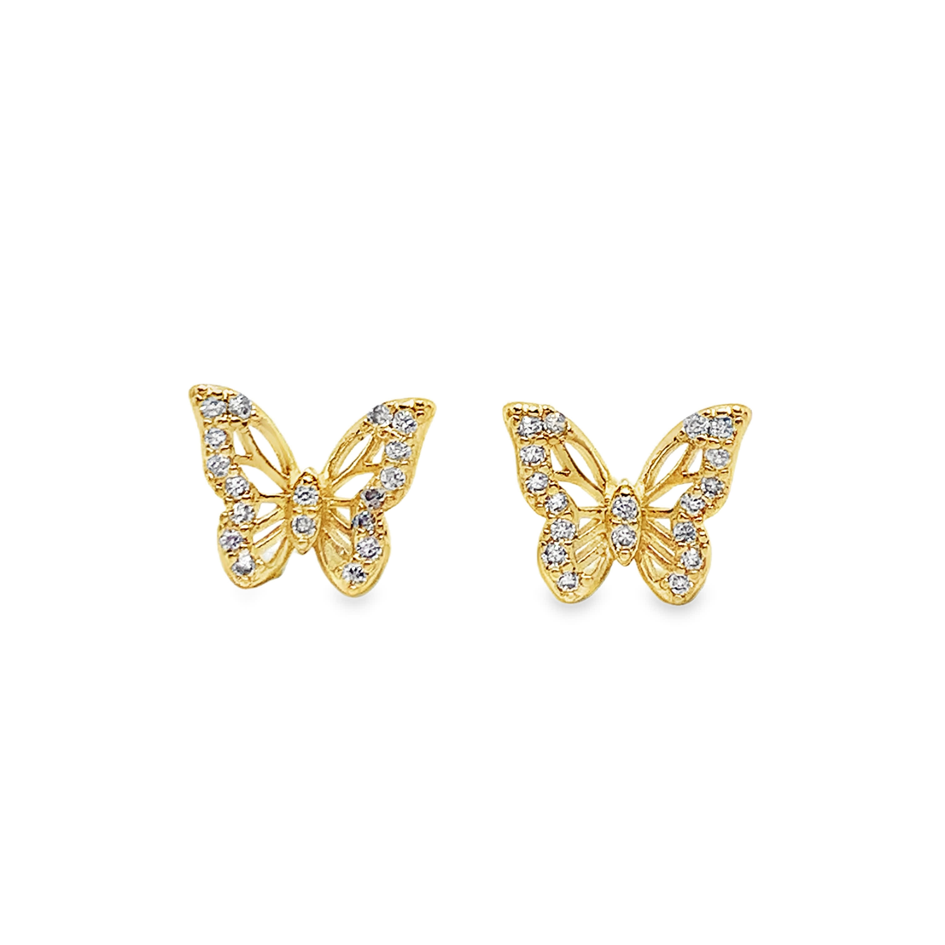 Yellow Gold Butterfly Stud Earrings with Round Cut Diamonds