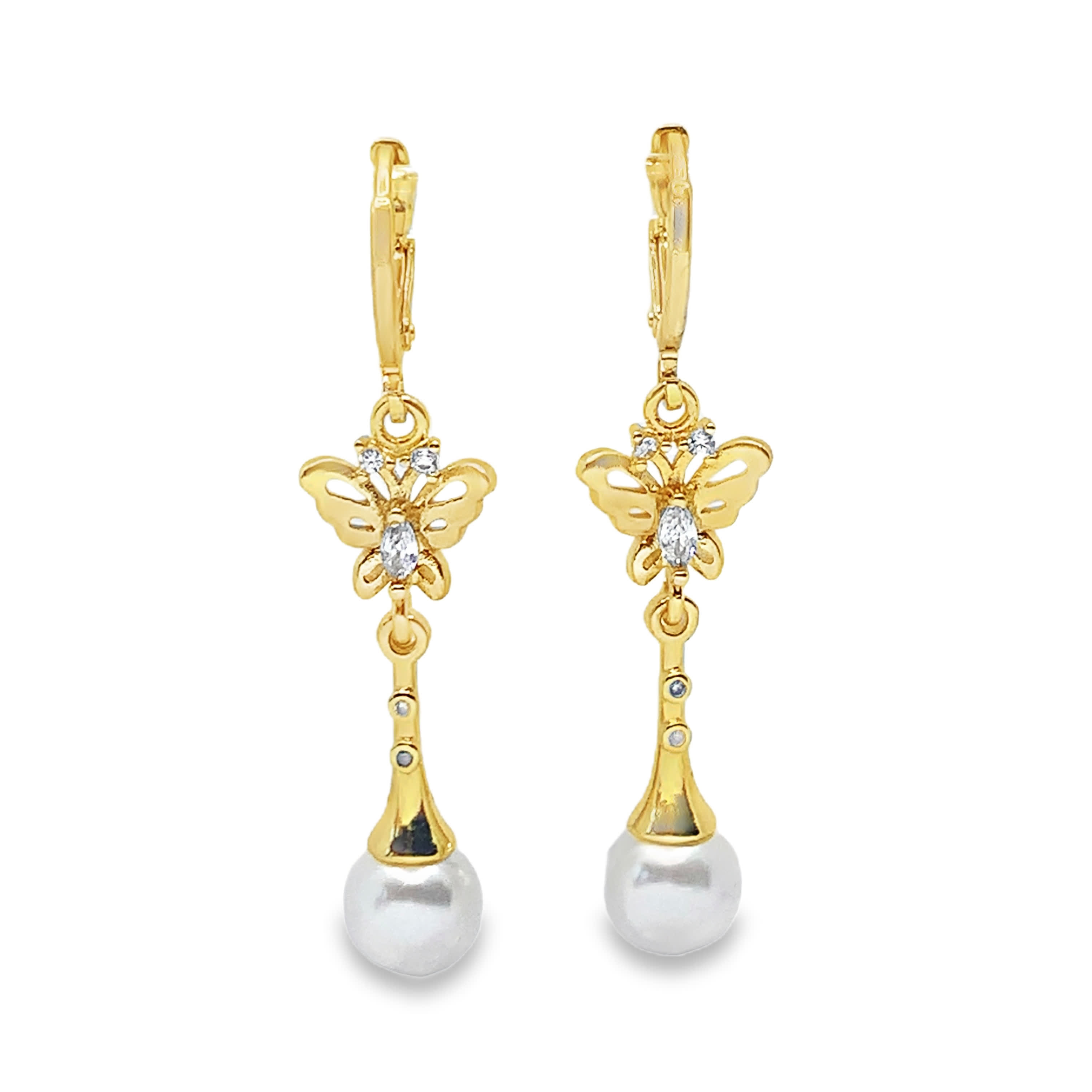 Yellow Gold Dangle Earrings with Round Pearl Drops