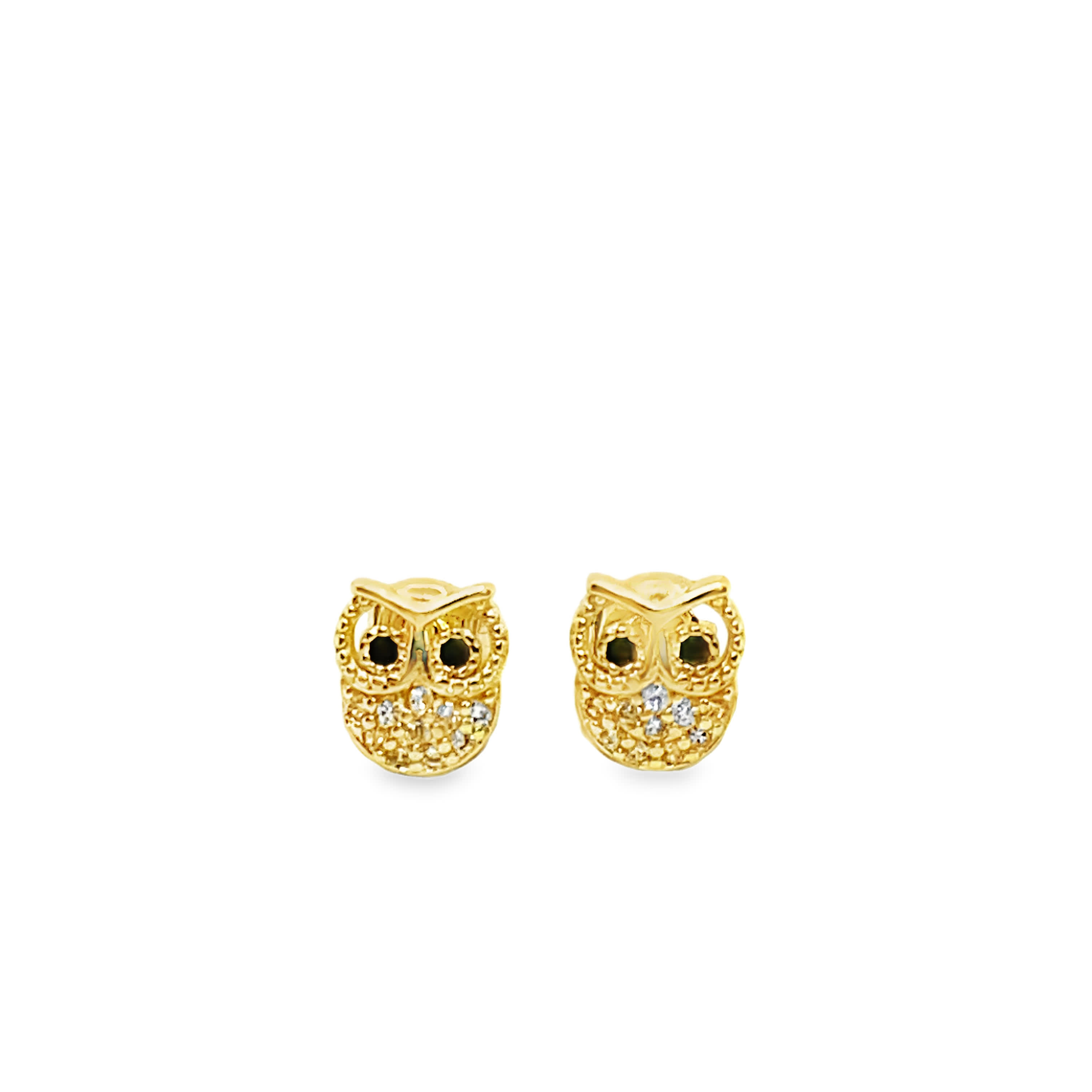 Yellow Gold Owl Stud Earrings with Round Brilliant Cut Diamonds