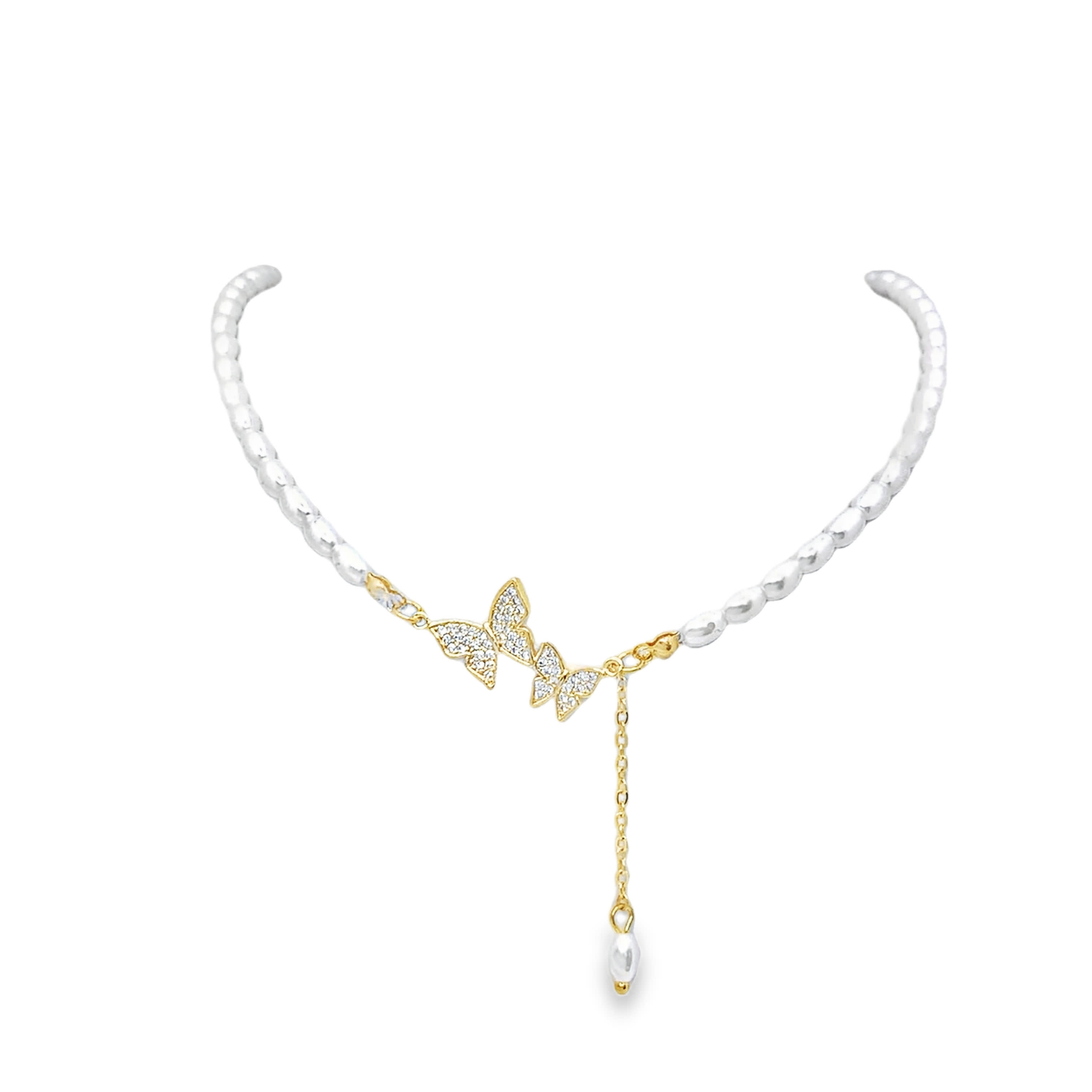 Yellow Gold Butterfly Pearl Necklace