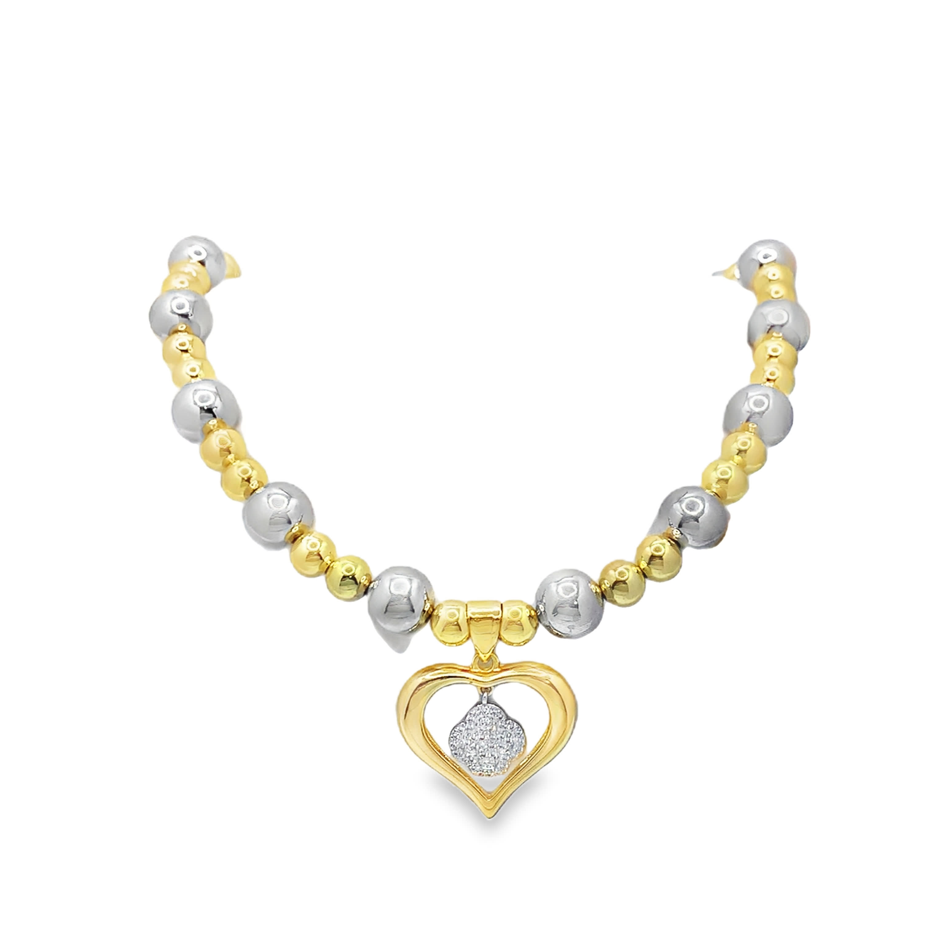 Yellow Gold Beaded Necklace with Heart Shape Diamond Pendant