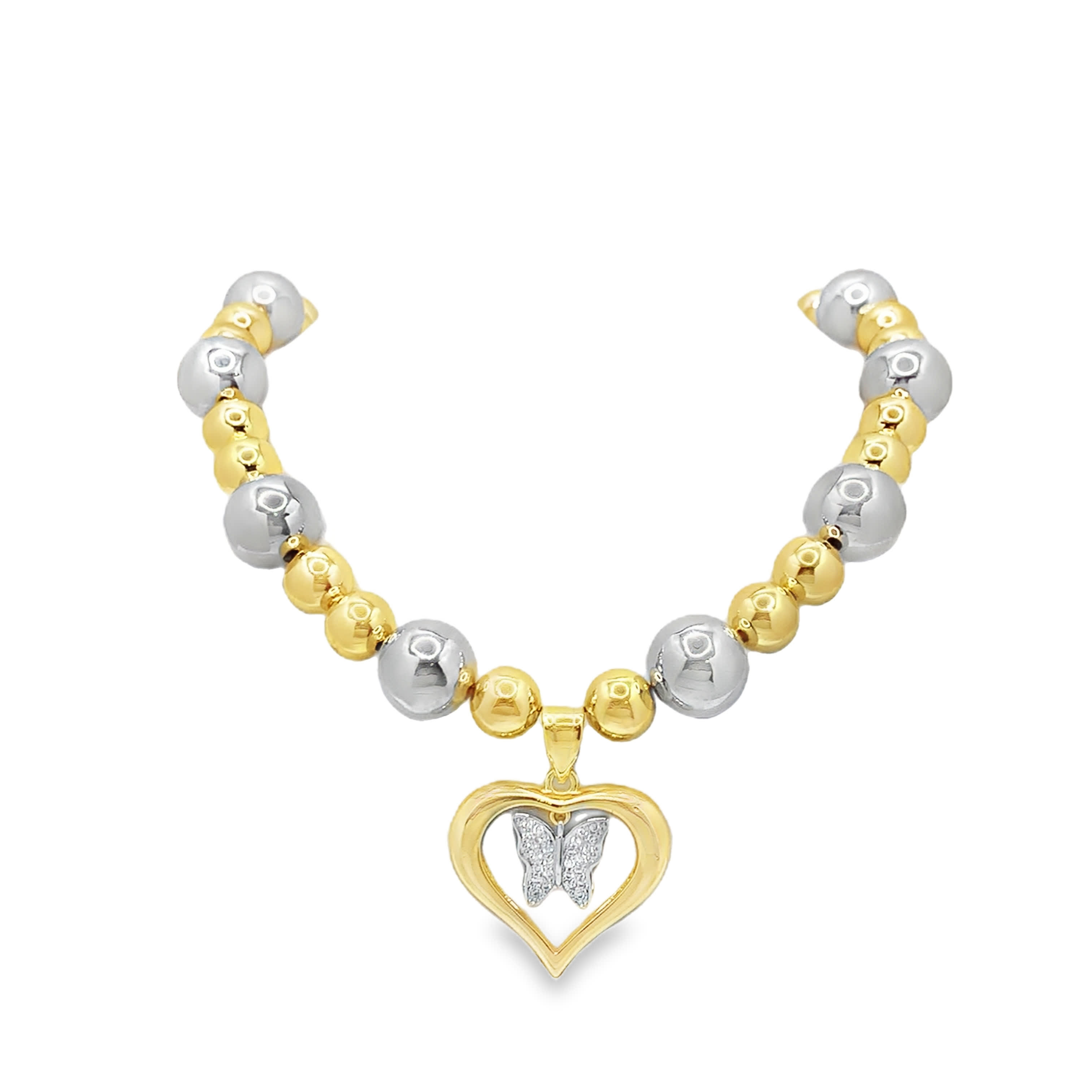 Yellow Gold Beaded Necklace with Butterfly Heart Pendant