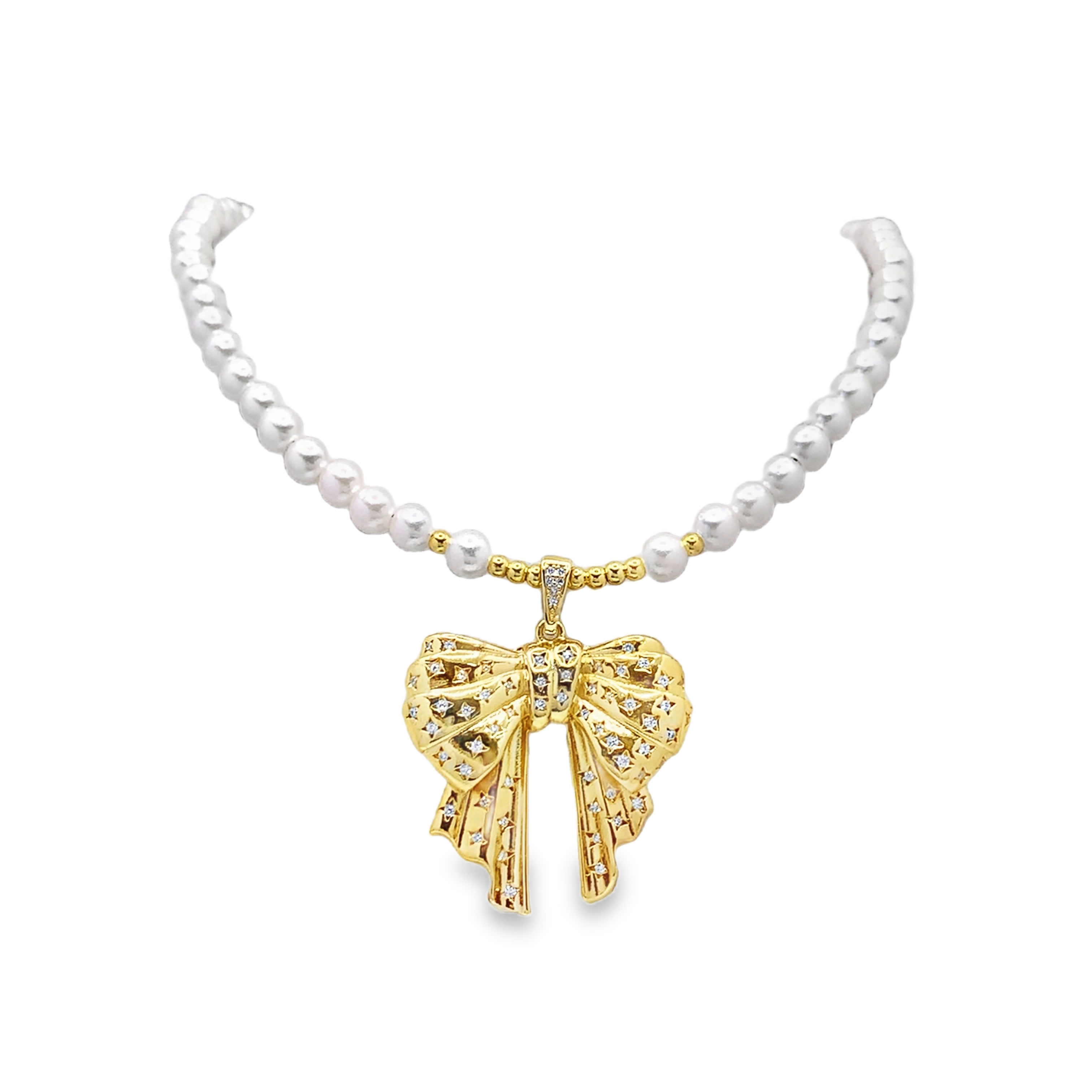 Perłowy naszyjnik z metalu z zawieszką kokardą