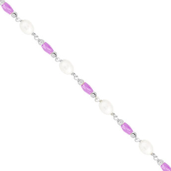 Bransoletka na nogę z perłami oraz fioletowymi kryształkami srebrna