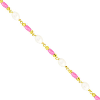 Bransoletka na nogę z perłami oraz różowymi kryształkami srebrna pozłacana