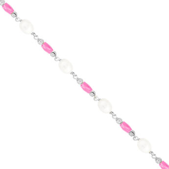 Bransoletka na nogę z perłami oraz różowymi kryształkami srebrna