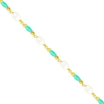 Bransoletka na nogę z perłami oraz zielonymi kryształkami srebrna pozłacana