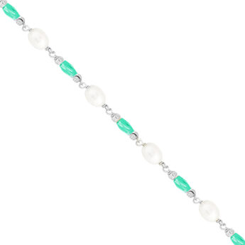 Bransoletka na nogę z perłami oraz zielonymi kryształkami srebrna