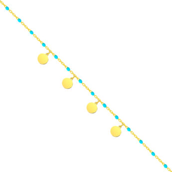 Bransoletka na nogę z blaszkami oraz niebieskimi koralikami srebrna pozłacana