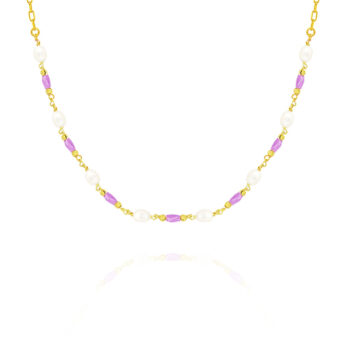 Choker na szyję z perłami oraz fioletowymi kryształkami srebrny pozłacany