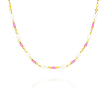 Choker na szyję z perłami oraz różowymi kryształkami srebrny pozłacany