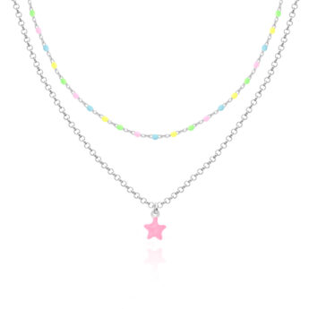 Naszyjnik podwójny kolorowy z różową gwiazdką srebrny