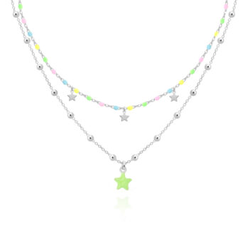 Naszyjnik podwójny kolorowy z zieloną gwiazdką srebrny