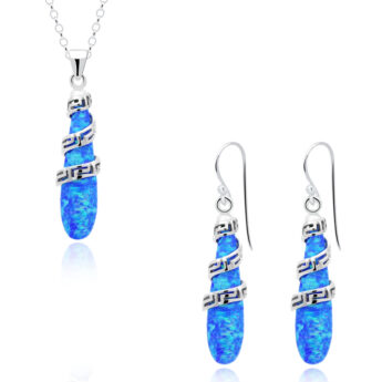 Komplet z niebieskim opalem zawijasy srebrny – kolczyki z zawieszką