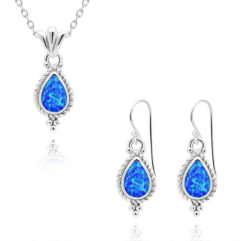 Komplet z niebieskim opalem łezki srebrne ozdobne – kolczyki z zawieszką