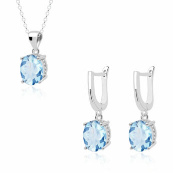 Komplet srebrny z niebieskim topazem i delikatnymi cyrkoniami – kolczyki z zawieszką