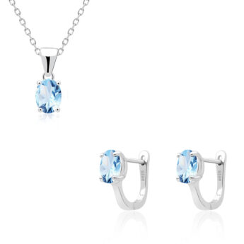 Komplet srebrny z niebieskim topazem subtelny – kolczyki z zawieszką