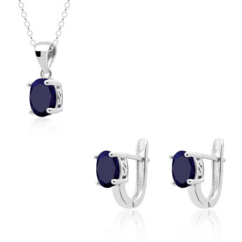 Komplet srebrny ozdobiony szafirami w ażurowej oprawie – kolczyki z zawieszką