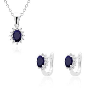 Komplet srebrny z szafirami w eleganckiej oprawie – kolczyki z zawieszką