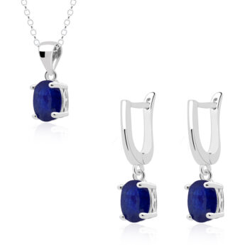 Komplet srebrny z szafirami w ażurowej oprawie – kolczyki z zawieszką