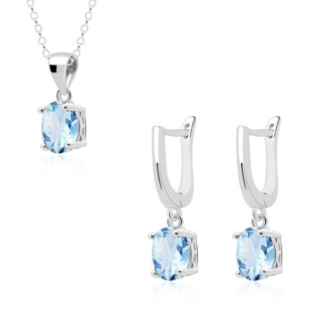 Komplet srebrny z niebieskim topazem w ażurowej oprawie – kolczyki z zawieszką