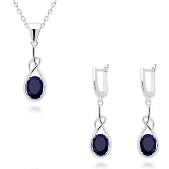 Komplet srebrny z szafirami – kolczyki z zawieszką