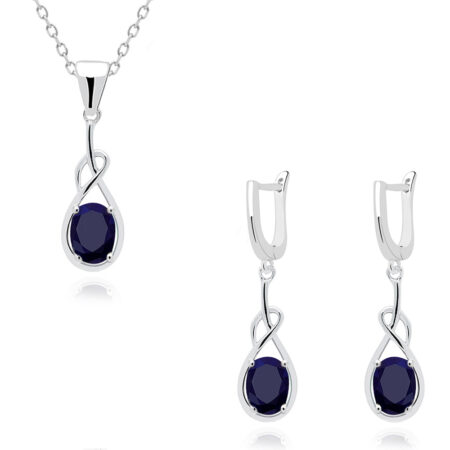 Komplet srebrny z szafirami – kolczyki z zawieszką