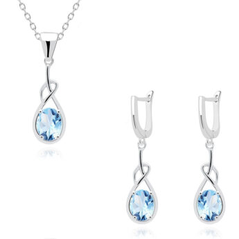 Komplet srebrny z niebieskim topazem – kolczyki z zawieszką