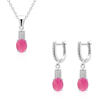 Komplet srebrny z rubinami oraz cyrkoniami – kolczyki z zawieszką