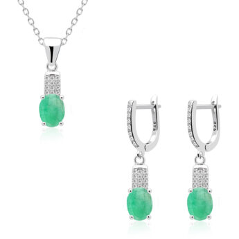 Komplet srebrny ze szmaragdami oraz cyrkoniami – kolczyki z zawieszką