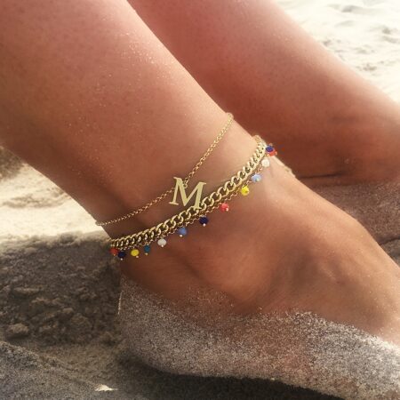 Bransoletka na nogę srebrna pozłacana z literką E