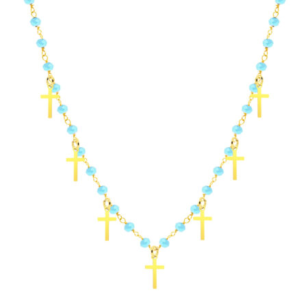 Choker na szyję srebrny pozłacany krzyże z niebieskimi koralikami