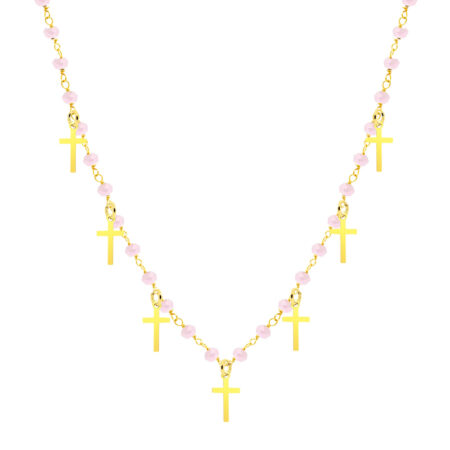 Choker na szyję srebrny pozłacany krzyże z różowymi koralikami