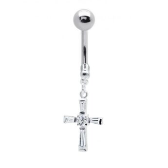 Kolczyk do pępka srebrny krzyż z cyrkonią – piercing