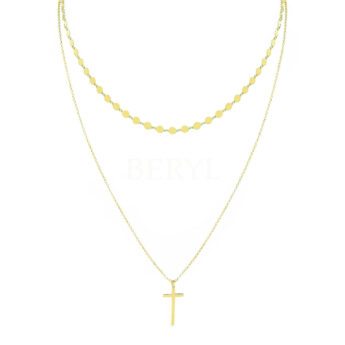 Choker na szyję srebrny pozłacany podwójny z krzyżem