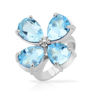 Pierścionek wysadzany niebieskimi topazami kwiatuszek srebrny