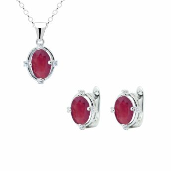 Zdobiony komplet srebrny z rubinem – kolczyki i zawieszka