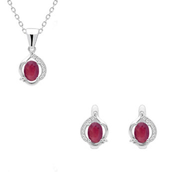 Komplet srebrny z rubinem w subtelnej oprawie – kolczyki i zawieszka