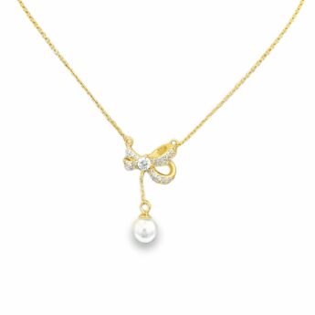 Naszyjnik srebrny pozłacany wstążka z perłą i cyrkoniami