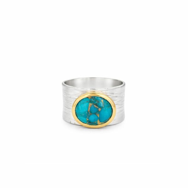 Artystyczny Pierścionek szeroka obrączka z Turkusem srebrny HANDMADE