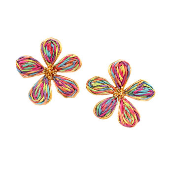 Kolorowe kolczyki wiszące plecione kwiaty handmade z naturalnych włókien roślinnych