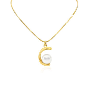 Złoty naszyjnik ze stali szlachetnej z naturalną perłą w oprawie półksiężyca