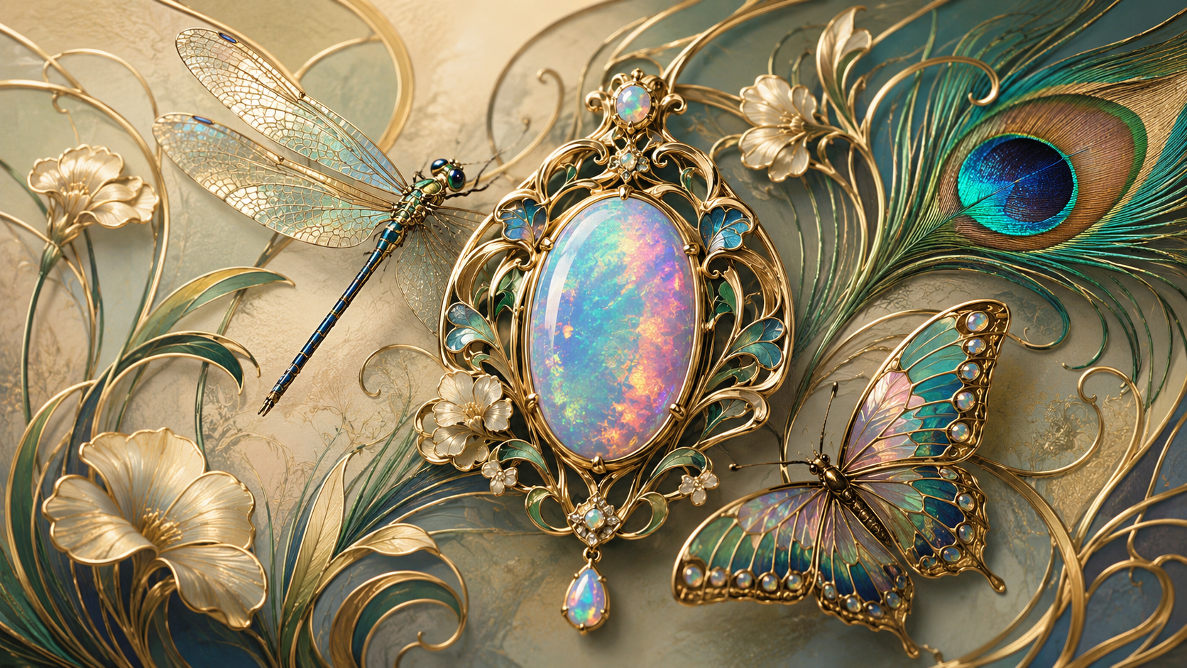 Opal w biżuterii secesyjnej z motywem ważki, motyla i pawiego pióra w stylu Art Nouveau