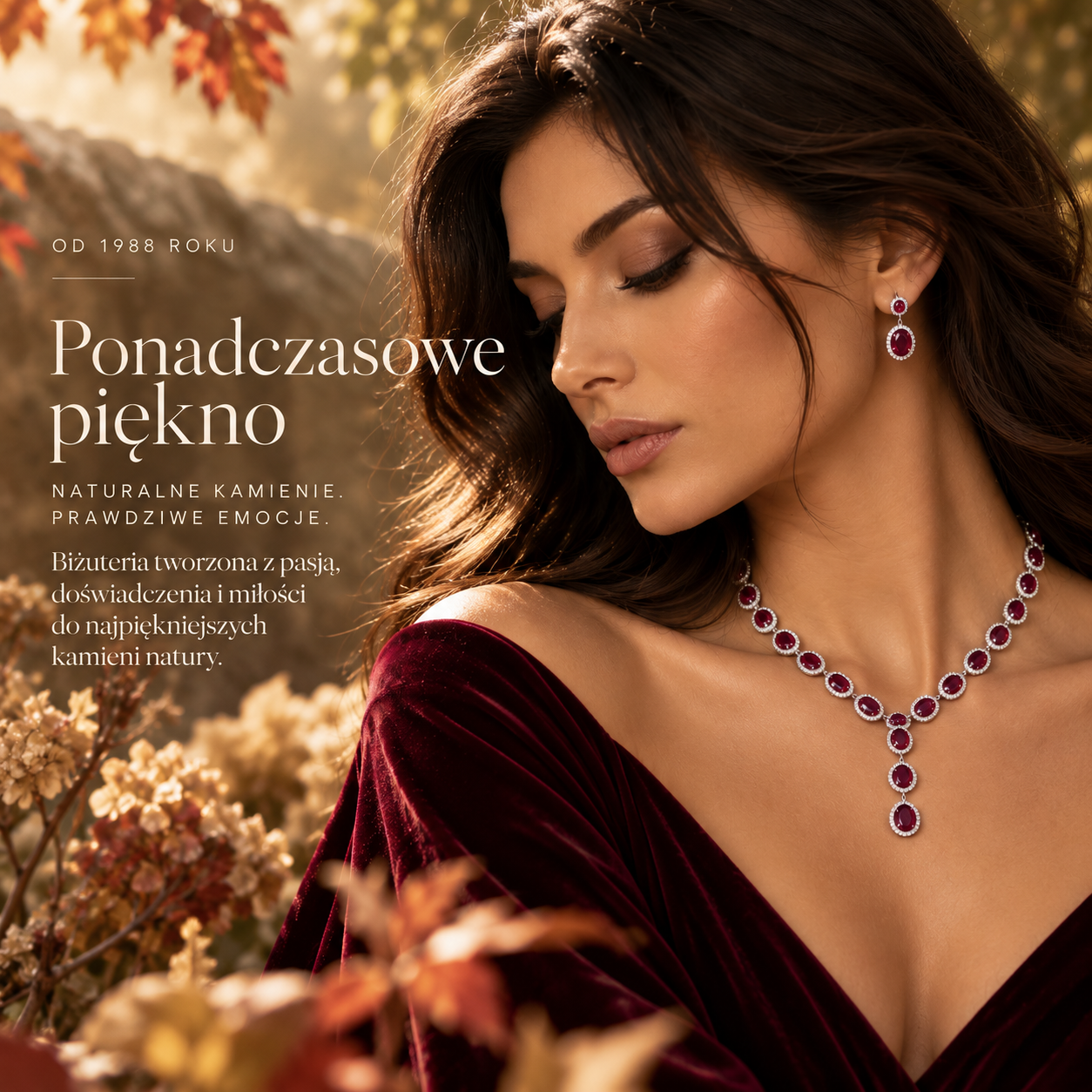 Od 1988 roku. Ponadczasowe piękno, naturalne kamienie i prawdziwe emocje. Modelka prezentuje biżuterię z czerwonymi kamieniami.